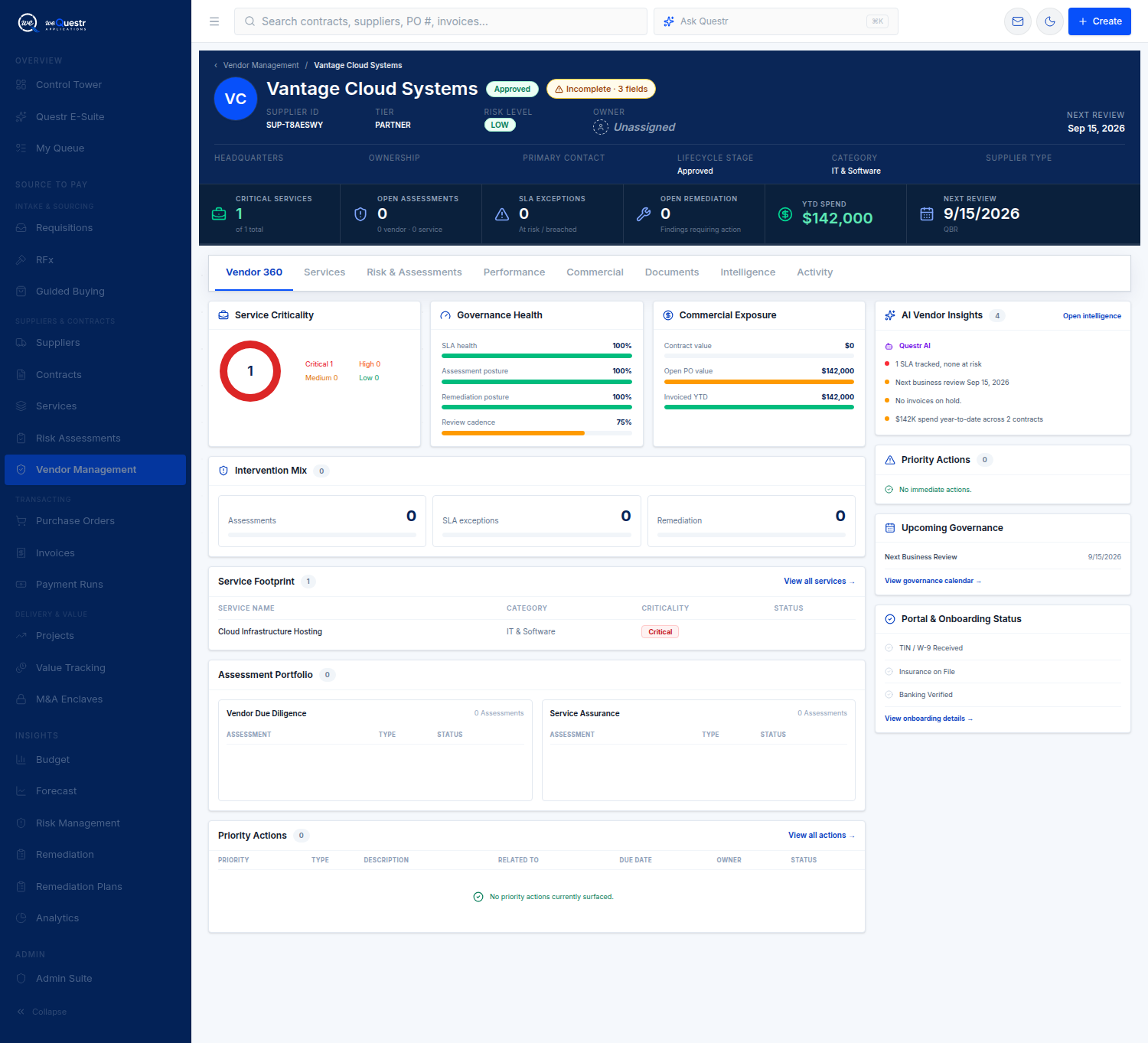 MANAGE THE RELATIONSHIP Questr product view