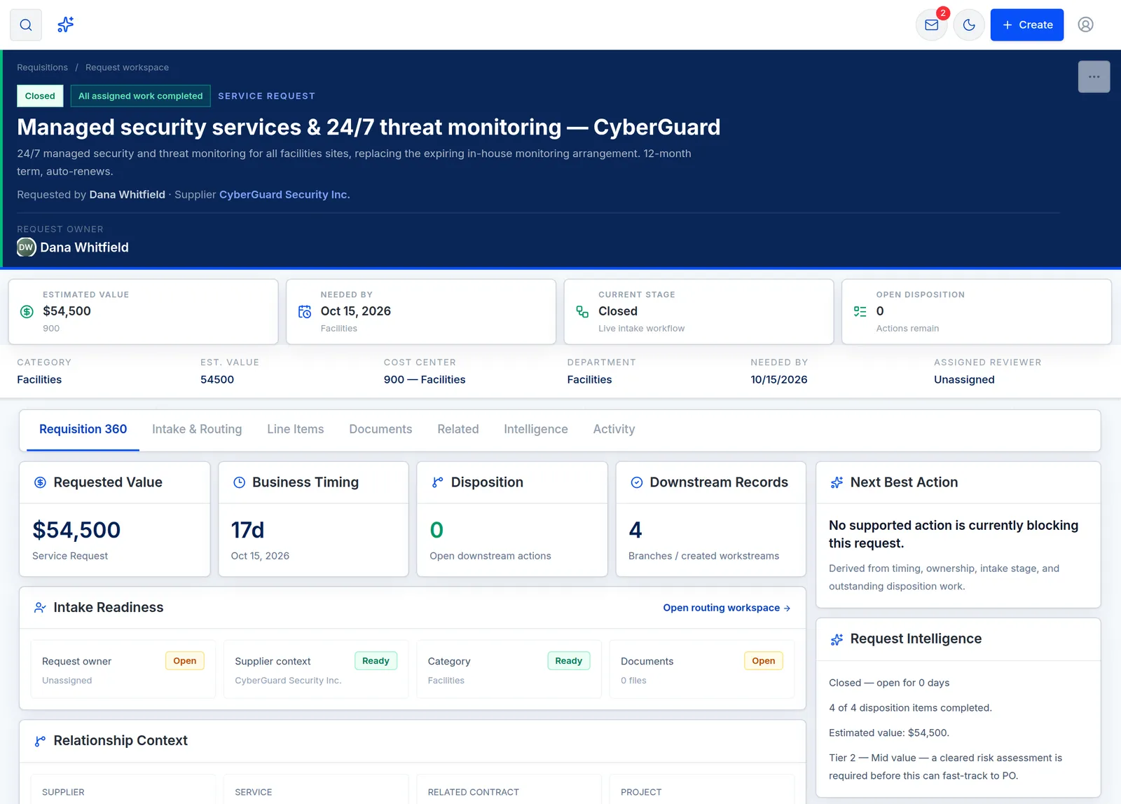 Request: Request 360. Facilities asks for 24/7 security monitoring. The value, cost center and requester are on the record from the first step.