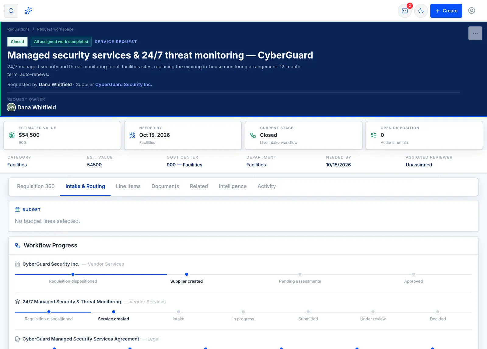 Request: Intake & routing. Routing splits the work: Vendor Services onboards the supplier, Security Operations sets up the service, and the PMO runs the rollout.