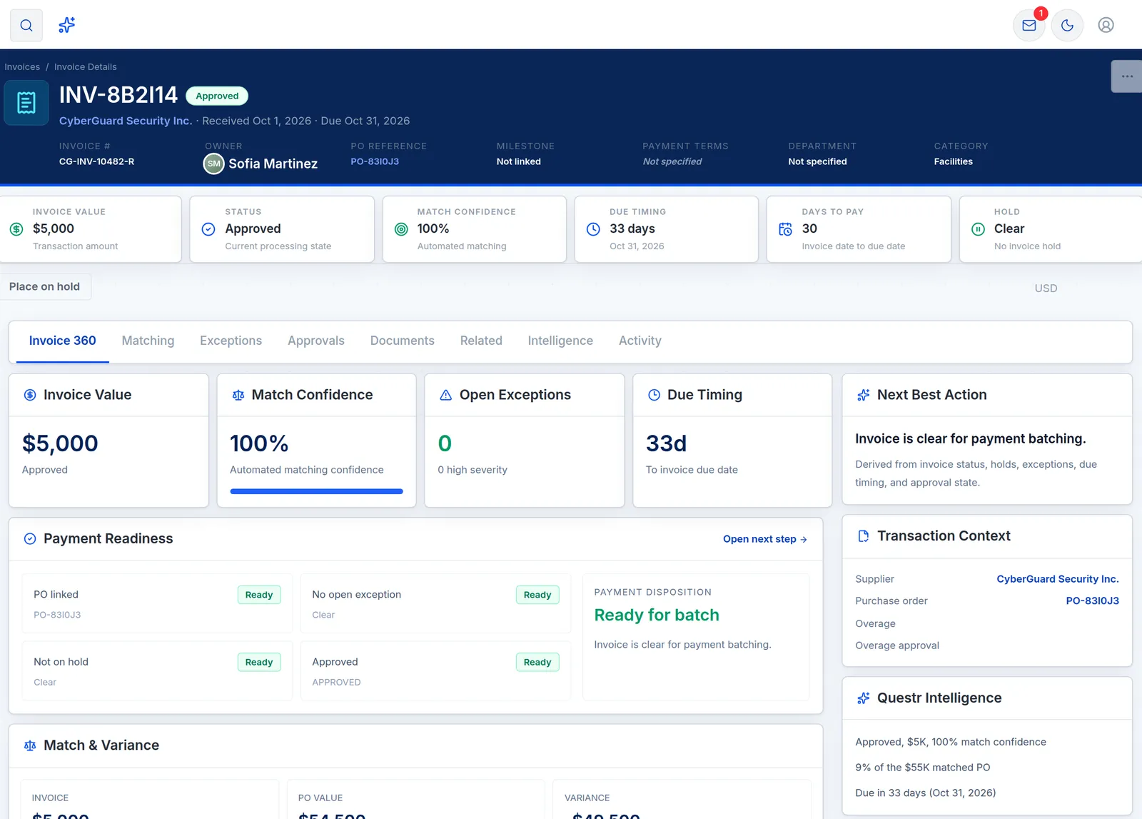 Invoice: Invoice 360. It's approved at 100% match confidence and ready for payment, with $49,500 still left on the PO.